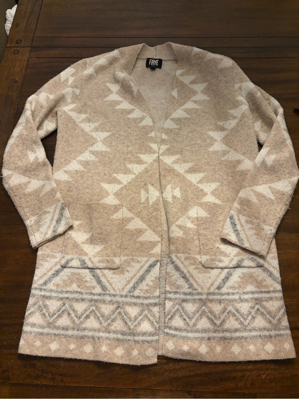 FRYE Women’s Southwestern Aztec Long Cardigan Sweater Beige Cream Size Small
